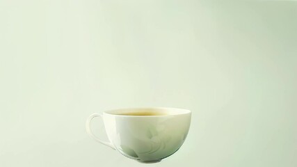 Video of brewed green tea in white ceramic cup fresh leaves levitating in the air on light grey background. Healthy beverage