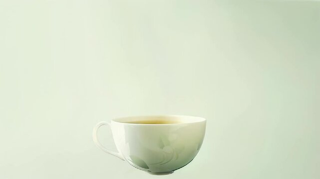 Video of brewed green tea in white ceramic cup fresh leaves levitating in the air on light grey background. Healthy beverage
