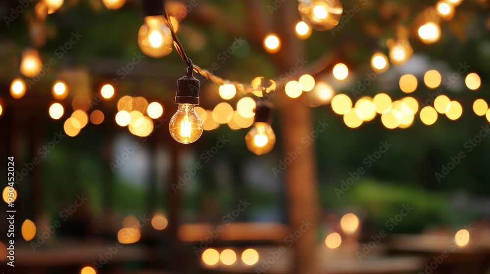 Poster warm glow of bistro lights: close-up of cozy string lanterns against simple background