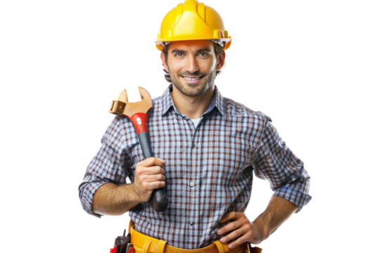 Construction safety helmet and tool belt holding wrench isolated on a white background