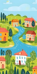 Fototapeta premium Cartoon Illustration of a Village with Houses and a Winding River