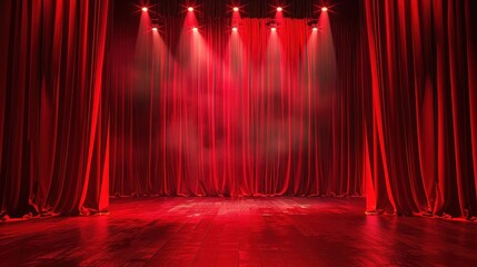 Stage with red curtains and spotlights, featuring a wooden floor and a spotlight effect on the curtains