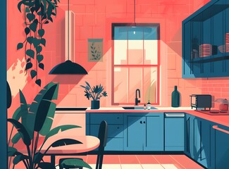Modern Kitchen Interior with Plants and Sunlight