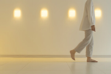 person walking barefoot at home, closeup. Floor heating concept
