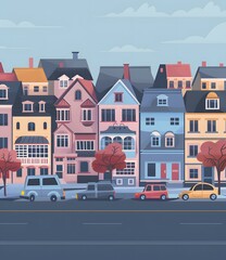 Naklejka premium Colorful Row of Houses and Cars in Town