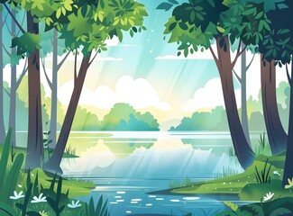 Summer Landscape Illustration with Trees and River