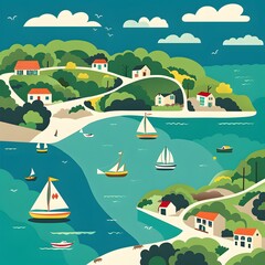 Coastal Village Illustration with Houses and Sailboats