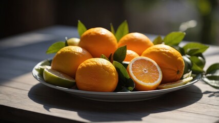 Fresh citrus fruits on a plate in sunlight.