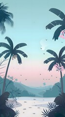 Tropical Landscape with Palm Trees and River