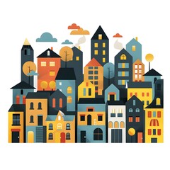 Colorful Cityscape Illustration with Geometric Buildings