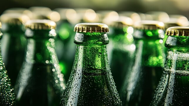 Refreshing Perrier Sparkling Water in Green Bottles on Plain Background