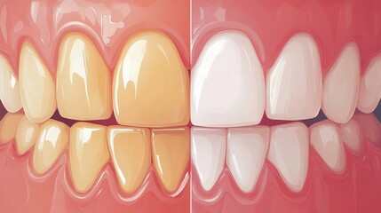 Close-up graphic of teeth whitening process, half faded with yellowish tones and half with vibrant white teeth, simple vector style, clean layout, clear contrast