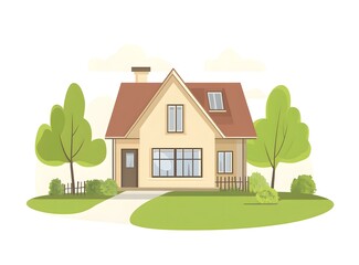 Fototapeta premium Illustration of a Yellow House with Green Trees
