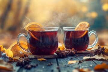 aromatic spices and orange slices complement two cups of autumn mulled wine on a distressed wooden table, set against a backdrop of warm, golden autumn leaves