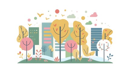 Abstract Cityscape with Trees and Birds