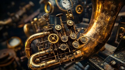 Brass instruments steampunk workshop intricate machinery gears vintage industrial heavy textures