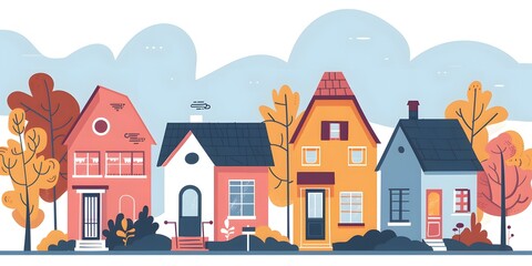 Cute Cartoon Style Illustration of Row Houses with Trees and a Cloudy Sky