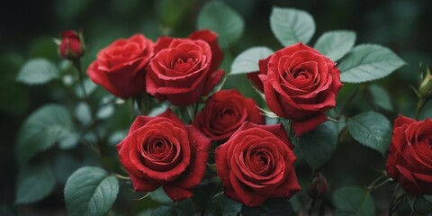 Obraz premium A still life of red roses surrounded by green leaves.