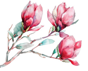 Fototapeta premium A watercolor illustration of magnolia flowers on a branch, showcasing delicate beauty.