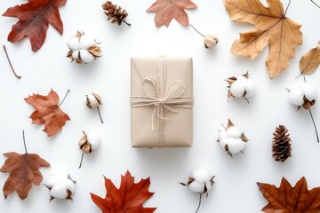 Fototapeta premium autumn or winter composition. gift, dried autumn leaves, cotton flowers on white background. flat lay, top view