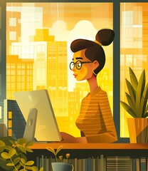 Woman Working on Computer in Office with City View
