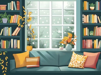 Cozy Autumn Living Room with Window View and Bookcase