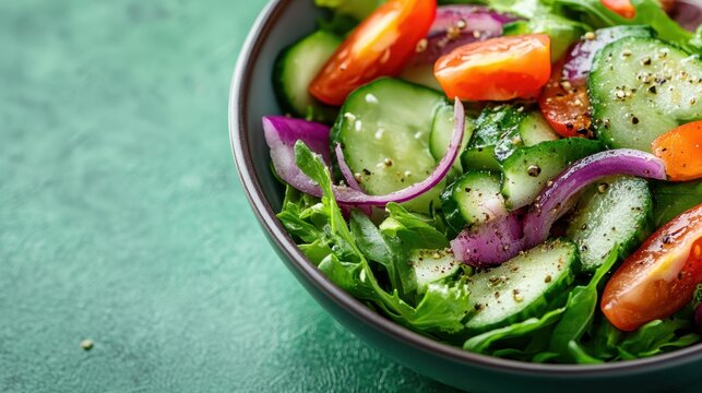 Close-up of a healthy green salad with fresh cucumbers, tomatoes, and onions, seasoned with pepper, capturing a refreshing and nutritious light meal option.