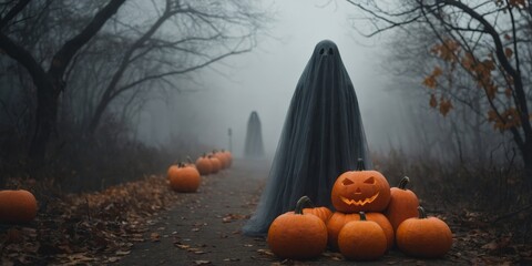 A spooky Halloween scene featuring a ghost and pumpkins.