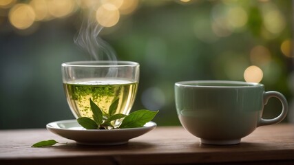 Green Tea in Ceramic Cup on Wooden Table.