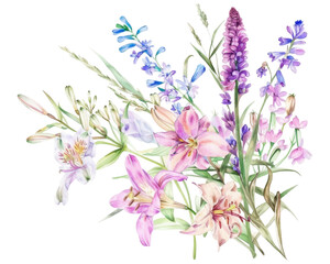 Naklejka premium A vibrant bouquet of various flowers in soft colors, showcasing nature's beauty.