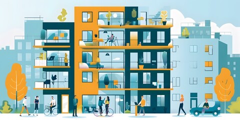 Obraz premium Apartment Building with People and a Car in a City