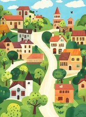Cartoon Illustration of a Village with Winding Road and Houses