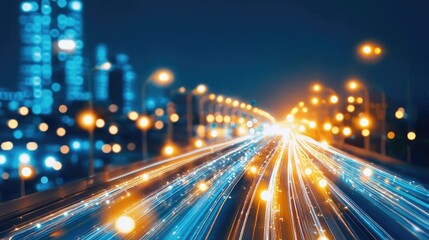 Fototapeta premium Dynamic night scene showcasing vibrant light trails on a city highway, embodying speed and urban energy.