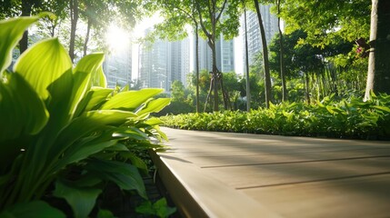 Serene urban park path surrounded by lush greenery and bright sunlight, offering a perfect escape into nature.
