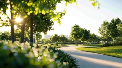 A serene park scene with lush greenery, a winding path, and sunlight peeking through the trees, inviting relaxation and tranquility.