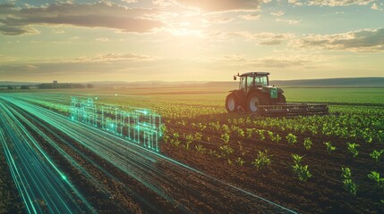 A futuristic tractor equipped with IoT sensors and GPS technology, working on a vast farmland. The tractor is autonomously navigating the field, with sensors monitoring soil conditions and crop