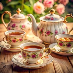 Fototapeta premium A vintage tea set arranged on a lace doily with delicate floral patterns