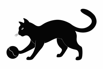 Cat playing with a ball vector silhouette, playful cat icon vector

