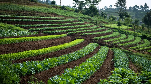 A terraced hillside farm with lush green crops growing in each tier. The slopes are carefully maintained to prevent soil erosion, with contour plowing evident in the arrangement. Surrounding the