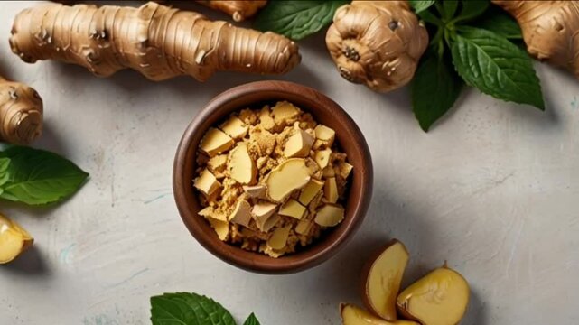 Ginger in a mudd bowl on a table