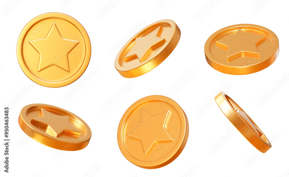 Wall mural 3d set realistic golden star coins with different angles. stock vector illustration on isolated back