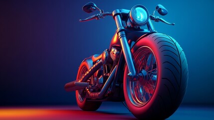 A black motorcycle with a blue and red light shines on it, in front of a dark background.