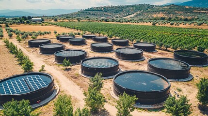 A sustainable farm with a rainwater harvesting system in place, capturing and storing water in large tanks for later use. The farm is abundant with crops, all benefiting from efficient water usage.