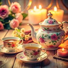 Fototapeta premium A vintage tea set arranged on a lace doily with delicate floral patterns