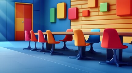 A colorful classroom with a long table and chairs, perfect for a meeting or study session.