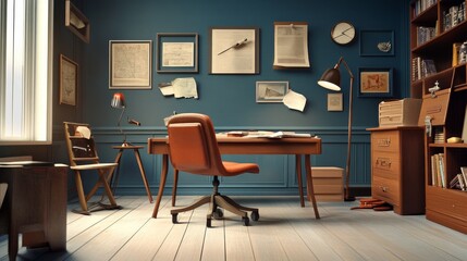 A cozy home office with a desk, chair, and bookshelves. The walls are painted a deep blue and decorated with artwork and maps. The room has a warm and inviting atmosphere.