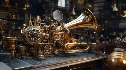 Steampunk-inspired workshop gears intricate machinery brass instruments vintage industrial heavy textures