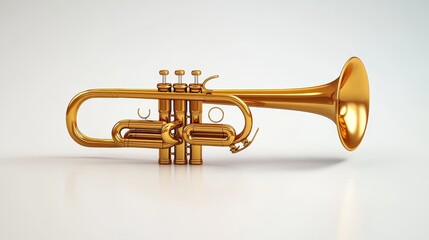 Obraz premium A golden trumpet rests on a white background, ready to play a melody.