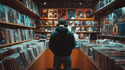 Young man browsing vinyl records in cozy, vintage music shop
