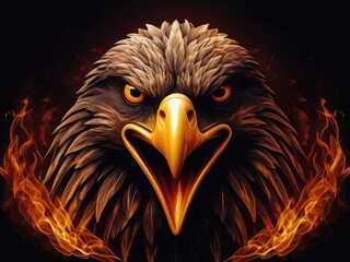 abstract 3d background with a eagls face on black background, A scary black eagle face logo in the fire on a white background. A magical creature made of fire